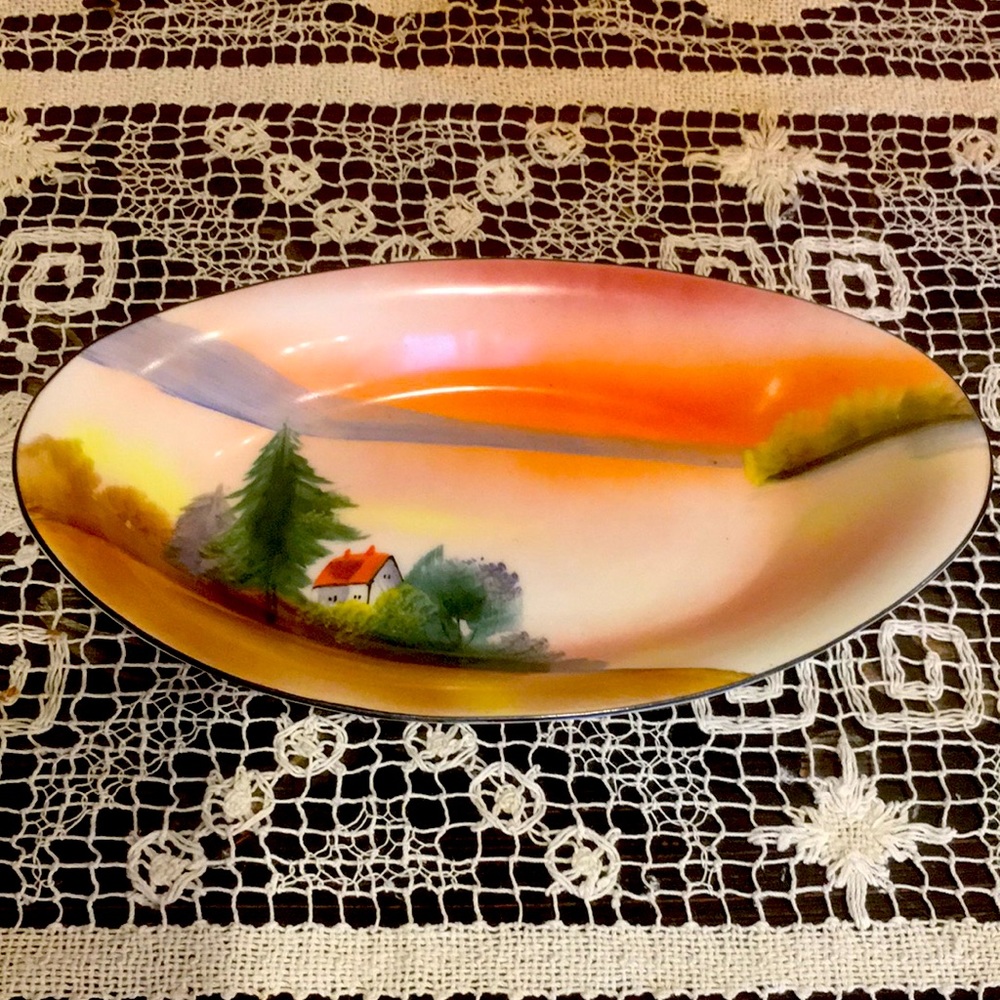 Vintage Noritake Japan Hand Painted Ceramic Small Oval Trinket Dish Countryside